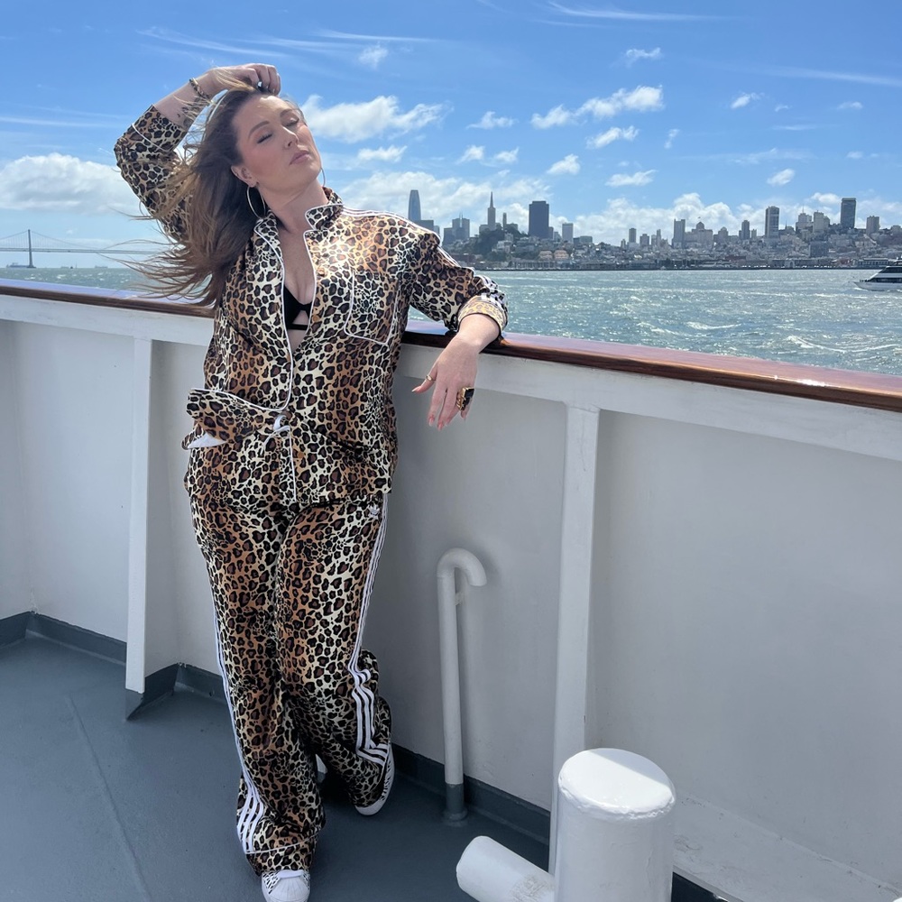 Adidas Satin Leopard wide leg pants and long sleeve button down top  *RARE*